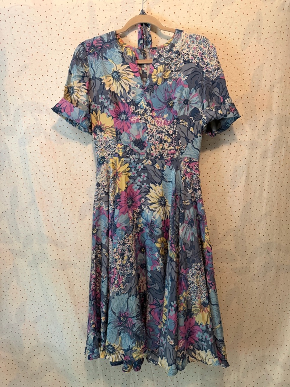 Handmade Vintage Blue Floral Midi Dress with Pink and Yellow Accents